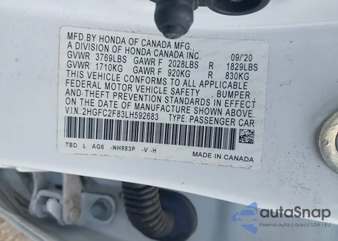 2020 Honda Civic Sport z USA, uszkodzony, nr VIN 2HGFC2F83LH592683